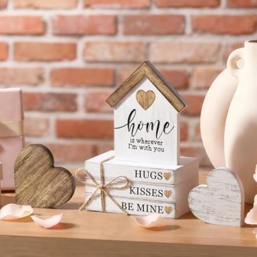 Imagem de DoubleFill 6 peças de decorações de dia dos namorados para casa conjunto rústico de blocos de madeira para dia dos namorados, pilhas de livros de fazenda, placas de madeira, mesa de centro de mesa com
