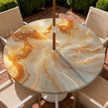 Imagem de COTAIL Toalha de mesa redonda para uso ao ar livre com zíper e orifício para guarda-chuva, toalha de mesa elástica à prova d'água a óleo para pátio, piquenique, acampamento, jardim, serve para mesa