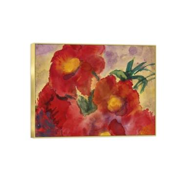 Imagem de Pintura de arte de parede de flores - imagem de decoração vintage - flores vermelhas 3-impressões em tela moldura dourada para sala de estar 50 x 65 cm 20 x 26 pol