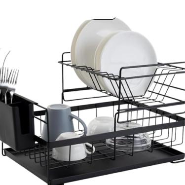 Imagem de Escorredor de Louças 2 Andares, Metal e Plástico, Preto Fosco, 22x29x39cm, com Suporte para Talheres e Bandeja Coletora