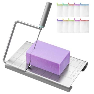 Imagem de Kit de cortador de sabão com saco de sabão de malha de 10 peças, máquina fatiadora de sabão de aço inoxidável com escala para sabão artesanal, vela, kit de ferramentas de corte de sabonetes faça você