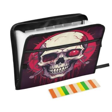 Imagem de Wassud Organizador de arquivos sanfonado com caveira, olhos vermelhos, 13 bolsos, pastas de arquivos expansíveis com abas e adesivos, tamanho carta A4, papel tamanho carta, recibo, documento, pasta