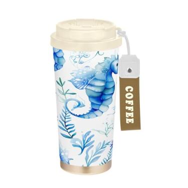 Imagem de YETTASBIN Caneca de café de viagem com isolamento térmico Seahorse de 500 ml com tampa canudo, copo à prova de derramamento e vazamento com alça para bebida quente e fria, garrafa de água de aço