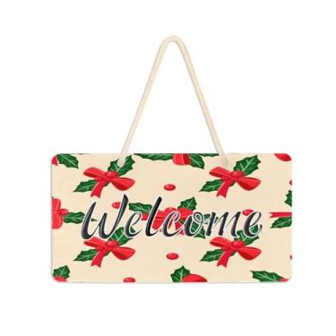 Imagem de Burbuja Placa de boas-vindas Red Bow Berry para porta da frente, placa de boas-vindas de PVC para decoração de férias, 15 x 28 cm