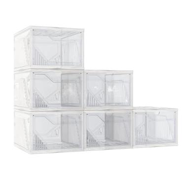 Imagem de AWTATOS Caixas de sapatos, pacote com 6 organizadores de armazenamento de sapatos, suporte empilhável de plástico, recipientes de tênis, caixas de armazenamento de brinquedos para entrada, armário