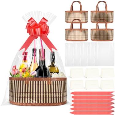 Imagem de 5 cestas de presente vazias de bambu, cesta de presente dobrável com alça, inclui sacolas de presente e cartões de presente (felicidades)