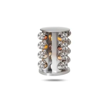 Imagem de Porta Temperos Torre com 16 Potes de Vidro 80ml, Aço Inox e Madeira, 30cm Altura, com Tampa Inox e Peneira Dosadora