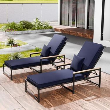 Imagem de Almofadas de espreguiçadeira ao ar livre, à prova d'água e resistente ao desbotamento para móveis de pátio com capa removível, almofada de espreguiçadeira com alça e 16 tiras, 203 x 66 x 7 cm, azul