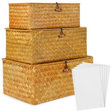 Imagem de MUNKANT Cestas de vime com tampa, cestas de algas marinhas tecidas à mão, caixas retangulares de cesta doméstica para prateleira, guarda-roupa, mesa, organização doméstica