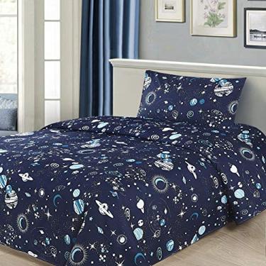 Imagem de Sapphire Home Jogo de lençol de solteiro com tema espacial de 3 peças - Jogo de lençol e fronha infantil infantil - Planetas, kit de quarto com sistema solar - Tamanho solteiro