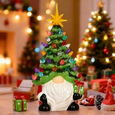 Imagem de Mini árvore iluminada de Natal com gnomos para casa, decoração de cerâmica, árvore de mesa, pequeno Prelit para escritório, luzes multicoloridas para lareira de 20 cm, quarto sem rosto, idoso, pintado