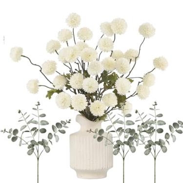 Imagem de DuHouse Flores falsas para vaso Kiku 8 hastes e 3 eucaliptos, hastes de flores falsas para buquês de casamento faça você mesmo, centro de mesa, decoração de cozinha