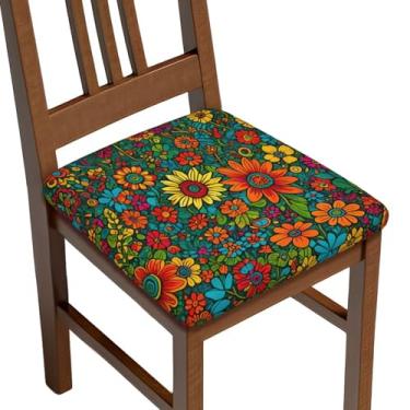 Imagem de Yakelo Capas de assento para sala de jantar, flores coloridas, estampa floral, capas de assento para cadeira de cozinha, capas removíveis laváveis e elásticas para cadeira de jantar, 6 peças