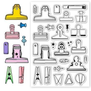 Imagem de 1 folha de carimbos transparentes de plástico PVC, carimbo de silicone personalizado com tema de ferramentas diárias, carimbos transparentes com padrão de clipe para fazer álbuns de fotos