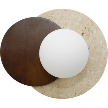 Imagem de Aplique de parede em mármore, luminária de parede para corredor, luminária de pedra com madeira maciça e cúpula de vidro em travertino amarelo natural. Luminária de parede vintage adequada p