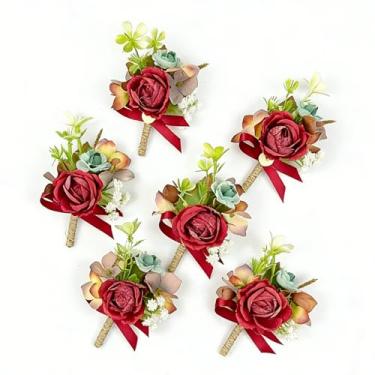 Imagem de Youshe Boutonnieres rosa com alfinetes para casamento, terno masculino, corpete, noivo e padrinho, flor na lapela para casamento, formatura, festa de aniversário, festa de formatura (6, bordô)