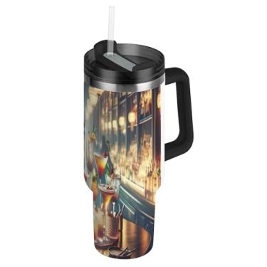 Imagem de Copos de coquetel coloridos com tampas e canudo garrafa de água de aço inoxidável isolado 1,134 g copo com alça caneca de café quente à prova de derramamento para carro