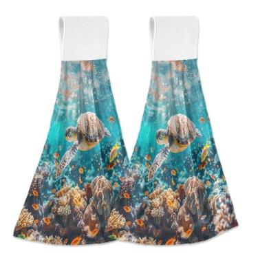 Imagem de Joitme Toalhas de mão coloridas para pendurar tartarugas marinhas coral com laço, pacote com 2 panos de prato macios absorventes de cozinha para banheiro com fita mágica para decoração de forno ou pia