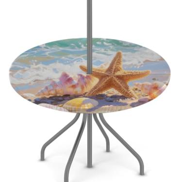 Imagem de Toalha de mesa redonda para uso ao ar livre – toalha de mesa circular de estrela do mar com borda elástica para guarda-chuva e zíper oculto – capa de mesa impermeável para mesas de 114 a 142 cm para