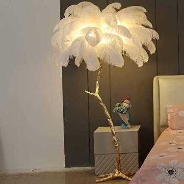 Imagem de Luminária de chão LED regulável em resina com tripé de penas de avestruz naturais - Decoração elegante para casa e escritório, perfeita para sala de estar e luz de leitura.