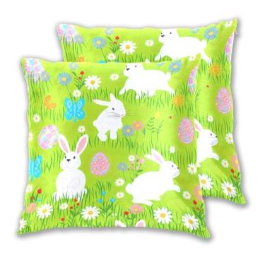 Imagem de Joitme Conjunto de 2 capas de almofadas verdes de coelhos brincalhões de Páscoa, capas de almofada de sofá cama grandes para sala de estar, 50 x 50 cm, 2 peças