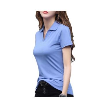 Imagem de Camisas Polo Femininas Básicas De Cor Sólida Com Manga Curta, Tops Cas