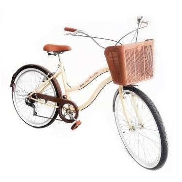 Imagem de Bicicleta Aro 26 Urbana Estilo Retrô Vintage 6V Cesta Bege