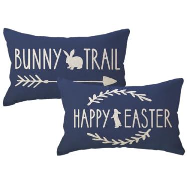 Imagem de ULOVE LOVE YOURSELF Capa de almofada lombar Coelhinho da Páscoa 30,5 x 50,8 cm, design de trilha de coelho e feliz Páscoa, fazenda, primavera, férias, fronhas, 2 unidades para sofá/sofá/varanda (azul)