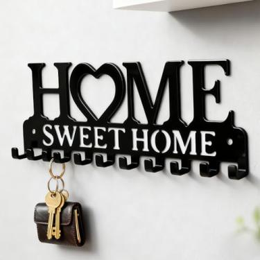 Imagem de Porta-chaves montado na parede com 10 ganchos - Rack organizador de metal sólido para chaves, casacos e carteiras, decoração de parede "Sweet Home" para corredor, mudroom, escritório (preto