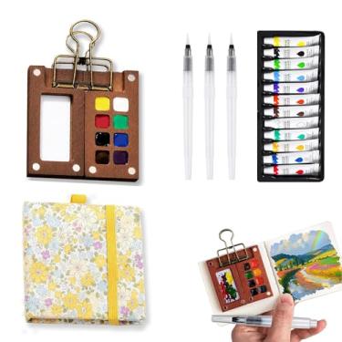 Imagem de Mini conjunto de tinta de aquarela portátil, kit de viagem aquarela com bolso de 12 cores com paleta de tinta de madeira de 8 grades, kit de viagem em aquarela para iniciantes, artistas e entusiastas