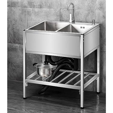 Imagem de Pia de cozinha, pias de cozinha de tigela dupla, pia de cozinha de aço inoxidável, pia de utilidade independente para restaurante comercial com prateleira de armazenamento, banheira de lavanderia