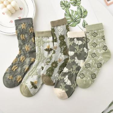 Imagem de 5 pares de meias femininas casuais de algodão floral, estampa vintage, gola redonda, franzido no tornozelo, Ge, 21