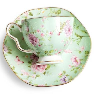 Imagem de Xícara de chá e pires de porcelana floral verde menta de 212,6 g – Xícara de chá de porcelana Cottagecore com borda dourada, presente para mulheres, lembrancinhas de casamento ou festa de chá do Dia