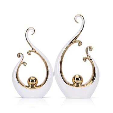 Imagem de LCCCK Estátua de cerâmica branca e dourada brilhante, arte de escultura abstrata moderna para centro de mesa de luxo - Prateleiras de livros e decorações de mesa de jantar, suporte de TV de mesa de