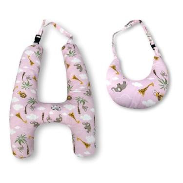 Imagem de Travesseiro de Viagem em Formato H com Almofada de Pescoço – Fibra Siliconada – Infantil e Adulto(SAFÁRI ROSA)