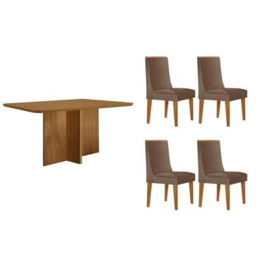 Imagem de Sala Jantar Mesa Berlim Tampo Curvo 120cm+4 Cadeiras Dakota Madeira Naturale - Capuccino/Corano Capuccino - Rufato