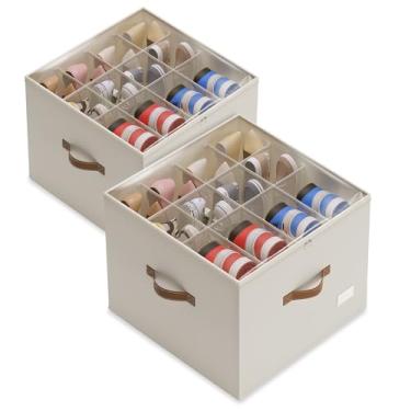 Imagem de Vincona Organizador de sapatos para armário, pacote com 2 caixas de armazenamento de sapatos, recipientes dobráveis com capa transparente e alças resistentes, sapateira para armazenamento de armário