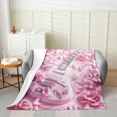 Imagem de Erosebridal Cobertor de lã de guitarra rosa 101 x 127 cm, cobertor romântico de flanela rosa, borboleta, felpudo, musica e floral, cobertores para entusiastas de crianças e adultos