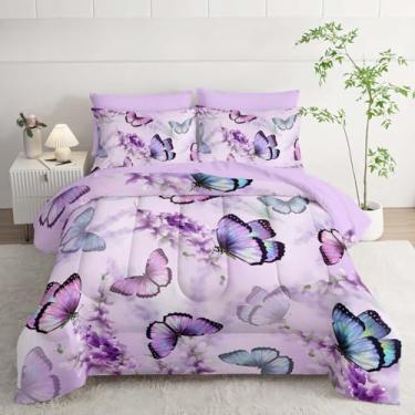 Imagem de XYNHML Conjunto de edredom de borboleta de lavanda para meninas e adultos, 7 peças, estampa de borboleta colorida, estetica, borboletas, conjunto de cama completo com 2 lençóis, 2 fronhas, 2 fronhas