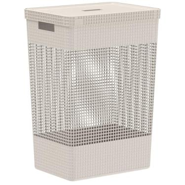 Imagem de Cesto de Roupa Suja Organizador 49L com Tampa Grid Bege Multiuso para Lavanderia Banheiro Quarto e Brinquedos