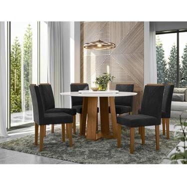 Imagem de Mesa de jantar Ambiente 135x135 cm com Tampo Giratório Isabela com Vidro Ype Off White e 6 Cadeiras Amanda Ype Veludo Preto - New Ceval