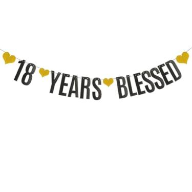 Imagem de 18 YEARS BLESSED Banner de papel com glitter preto para suprimentos de decorações de festa de aniversário de 18 anos/casamento, pré-amarrado, sem necessidade de montagem, letras pretas, Betteryanzi