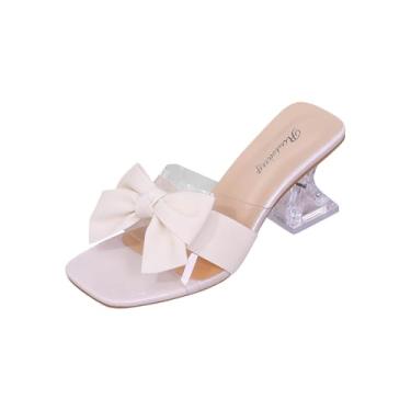 Imagem de Sandálias femininas casuais, transparentes, com tira de laço, salto alto, estilo verão, confortável, Branco, 34