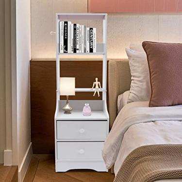 Imagem de Mesa-de-cabeceira branca estante com 2 gavetas e 3 prateleiras, estante organizadora estante armário de armazenamento de madeira mesa-de-cabeceira com gavetas para quartos, mesa-de-cabeceira mesa-de-c