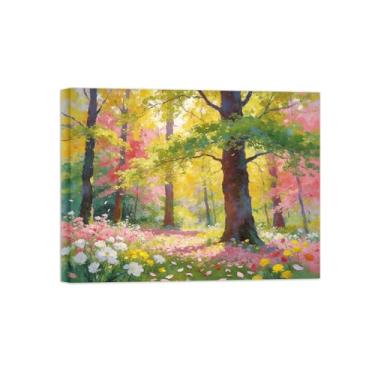 Imagem de BMZFYBS Impressão em tela de paisagem de arte de parede - árvore flores prado - quadros de pintura de decoração para sala de estar pronto para pendurar 30 x 40 cm 12 x 16 pol tela embrulhada