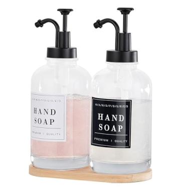 Imagem de Dispensador de sabão para louça e mãos para pia de cozinha, dispensador de sabão de vidro âmbar com bomba, bandeja, funil, conjunto de 2 dispensadores de sabão e loção de bancada para banheiro