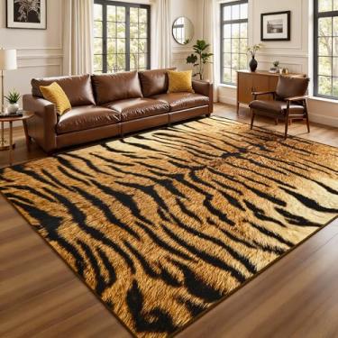 Imagem de B BENRON Tapete de tigre premium, tapetes com estampa de animais selvagens para sala de estar, quarto, 1,5 x 2,1 m, antiderrapante, lavável na máquina para decoração de sala de casa, marrom