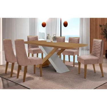 Imagem de Sala Jantar Mesa Imperatriz Tampo Curvo 180cm+6 Cadeiras Maldivas Madeira Naturale/Off White - Capuccino/Linho Capuccino - Rufato