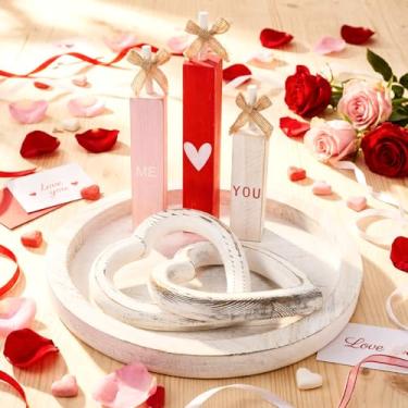 Imagem de Colingmill 5 bandejas decorativas para o dia dos namorados, vermelho, rosa, blocos de madeira, placas, decoração de mesa de coração, escultura de coração, bandeja de madeira rústica redonda, estátuas
