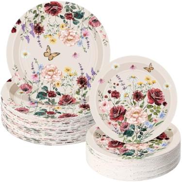 Imagem de Mumufy Pacote Com 100 Pratos De Papel Flores Silvestres, Decoração Para Jantar, 23 Cm E 18 Cm, Sobremesa Aquarela Descartável Casamento, Aniversário, Chá Bebê, Panela (Flores Vintage)